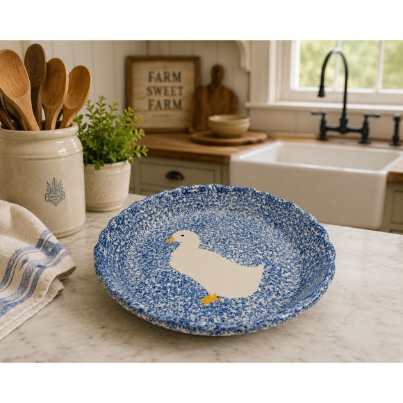 los angeles pottery Other - VTG 1971 Los Angeles Pottery Spongeware Pie Plate Goose Cottagecore Country 11"